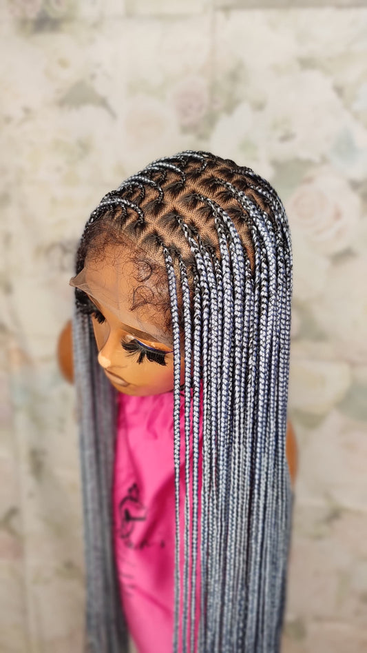 34” Gray Dark Root Small Medium knotless Braided Wig